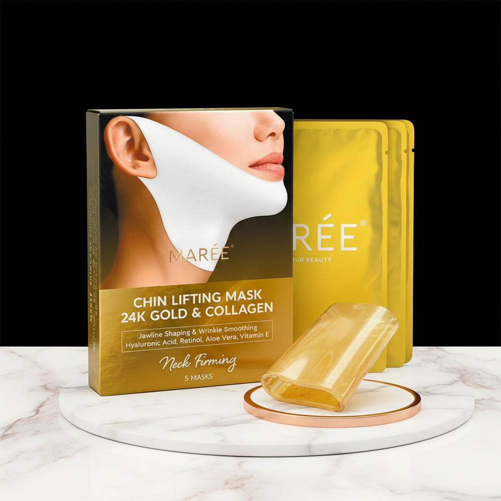 24K Gold V-Line Lifting Mask in its elegant packaging, on a white marble surface with rose-gold accents against a black backg