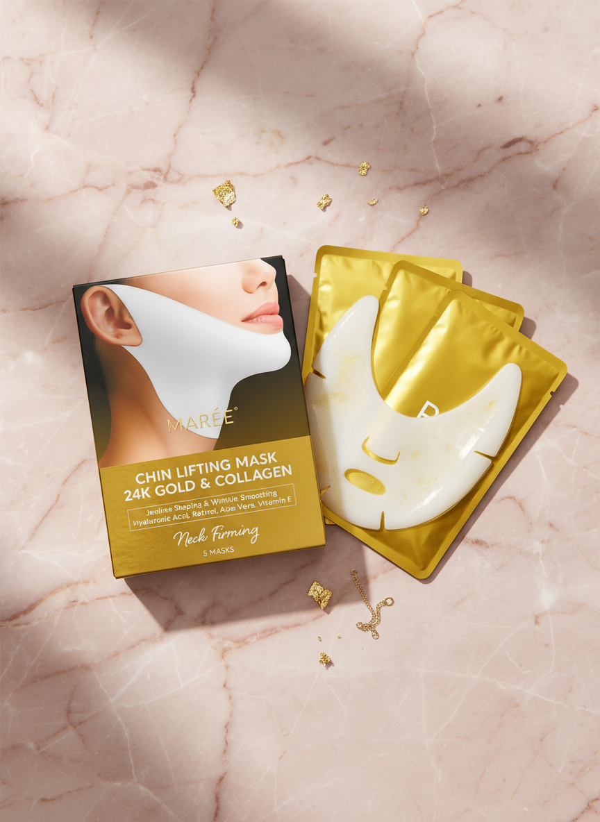 24K Gold V-Line Lifting Mask on a rose-gold marble surface with subtle gold accents and soft warm lighting.